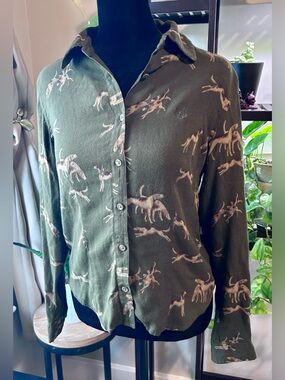 Vintage Ralph Lauren Petite Olive Green Button-Up Shirt with Dog Print